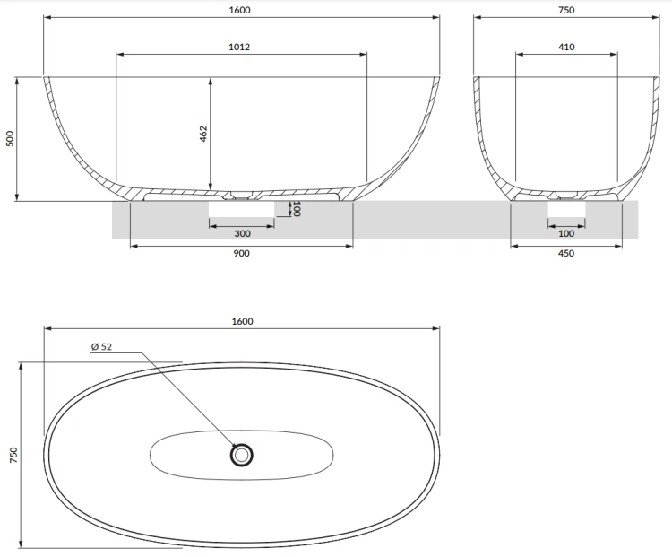 Omnires SHELL wanna wolnostojąca SHELL M+ 160x75 cm, z syfonem Black Lava (BLV). SHELLWWBLV rys. BudoHurt.com Łódź.png