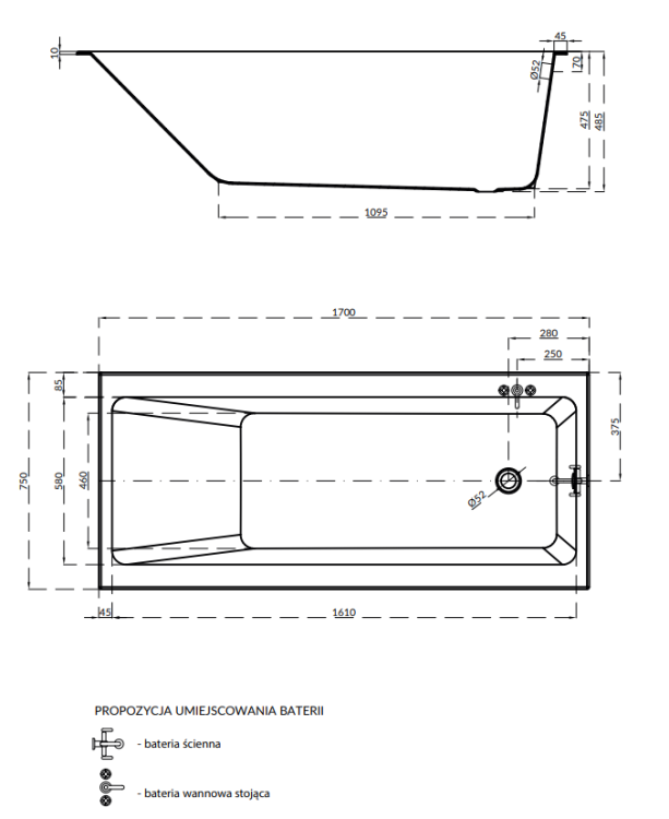 Cersanit Wanna Prostokątna Crea 170x75. S301-226  rys. BudoHurt.com Łódź.png
