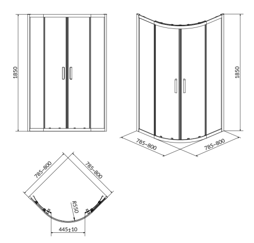 Cersanit Set B161 Kabina Basic Półokrągła 80x185 Szkło trans. + Brodzik Tako 80x16. S601-117  rys. BudoHurt.com Łódź.png