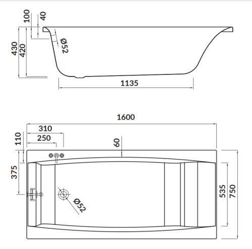 Cersanit Wanna Prostokątna Virgo 160x75. S301-046 rys. BudoHurt.com Łódź.png