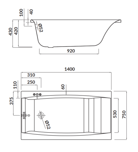 Cersanit Wanna Prostokątna Virgo 140x75. S301-047  rys. BudoHurt.com Łódź.png