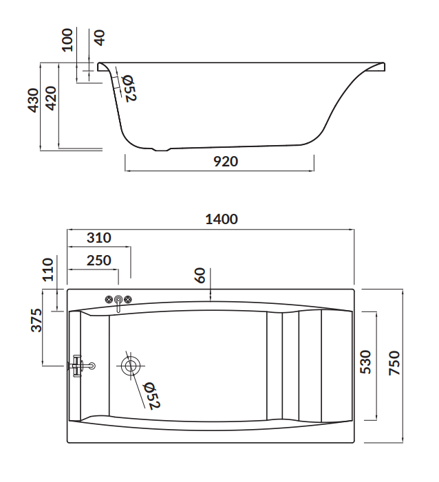 Cersanit Wanna Prostokątna Virgo 140x75. S301-047  rys. BudoHurt.com Łódź.png