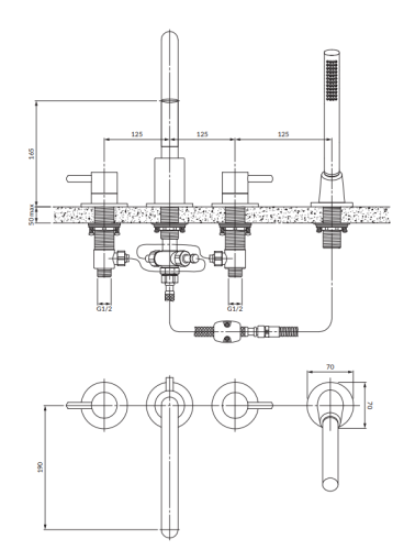 OMNIRES Y bateria wannowa 4-otworowa miedź. Y1232CP rys. BudoHurt.com Łódź.png