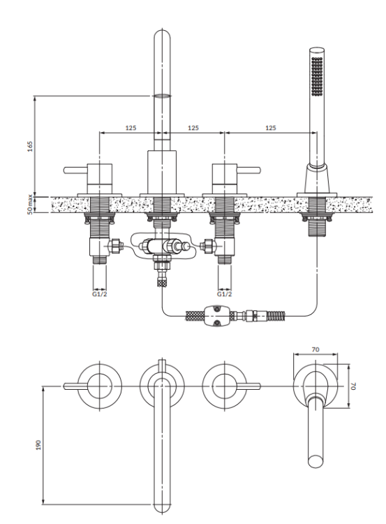OMNIRES Y bateria wannowa 4-otworowa miedź. Y1232CP rys. BudoHurt.com Łódź.png