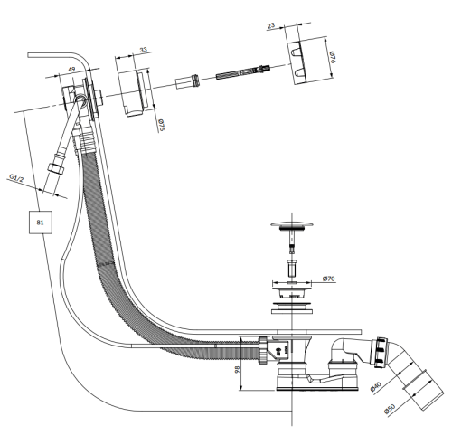 OMNIRES CGS syfon wannowy przelewowo-odpływowo-napełniający złoty szczotkowany. TK132-PLUS-3.07+64-SGLB rys. BudoHurt.com Łódź.png