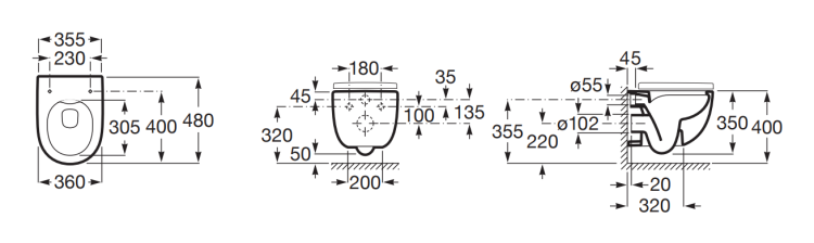Miska WC podwieszana ROCA Meridian Compacto Rimless z deską wolnoopadającą SLIM (zestaw). A34H242000 rys. BudoHurt.com Łódź.png
