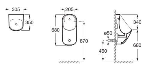 ROCA Proton Pisuar elektroniczny (dopływ z tyłu) z zasilaniem sieciowym 230V. A3590J5000 rys. BudoHurt.com Łódź.png