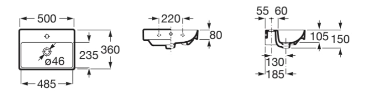 Roca Mała umywalka ścienna 50 cm Compacto FINECERAMIC®. A32768E000  rys. BudoHurt.com Łódź.png