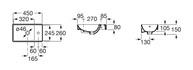 Roca ONA umywalka ścienna 45 cm Compacto FINECERAMIC®. A327681000  rys. BudoHurt.com Łódź.png