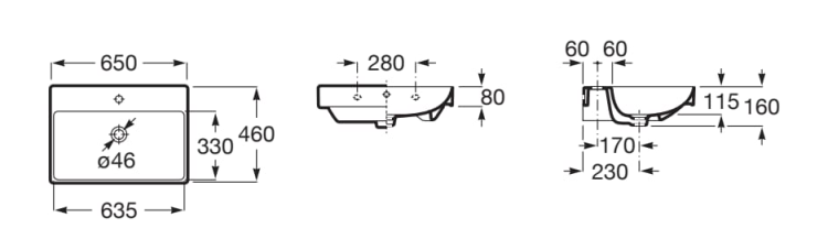 Roca ONA umywalka ścienna prostokątna 65 x 46 cm FINECERAMIC®.  A327687000 rys. BudoHurt.com Łódź.png