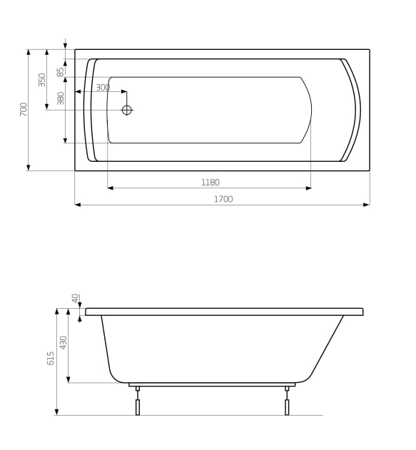 Roca LINEA Prostokątna wanna akrylowa 170 X 70 cm. A24T034000  rys. BudoHurt.com Łódź.png