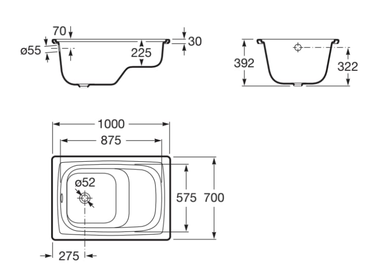 Roca CONTESA Prostokątna wanna stalowa z siedziskiem 100 X 70 cm. A213100001 rys. BudoHurt.com Łódź.png