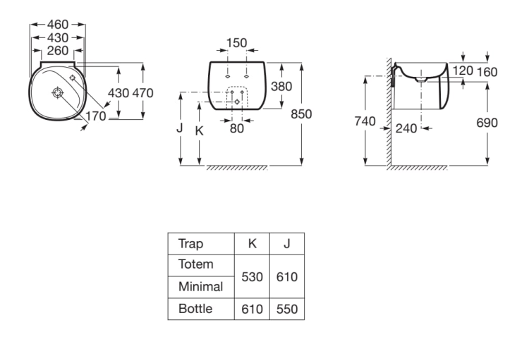 Roca BEYOND Umywalka ścienna FINECERAMIC®  460x470 mm. A3270B1000 rys. BudoHurt.com Łódź.png