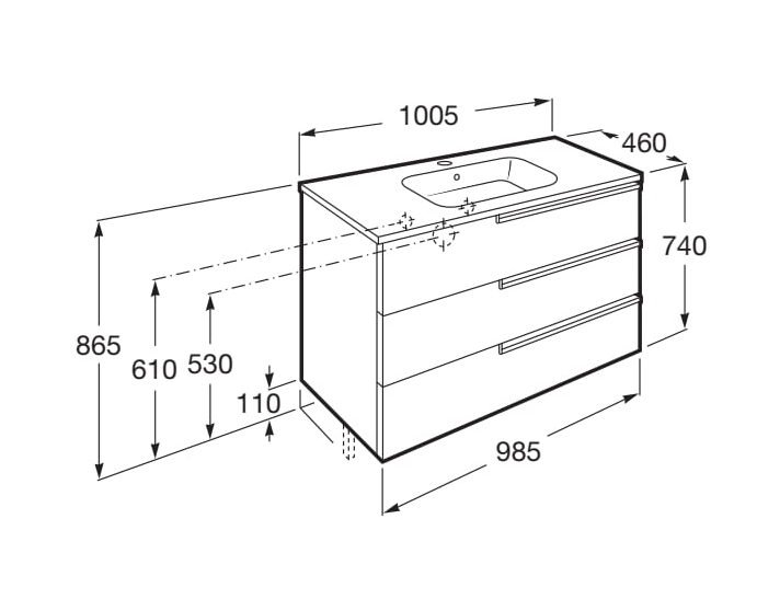 Roca VICTORIA-N Zestaw łazienkowy Unik z 3 szufladami 100 cm. A855836806   rys. BudoHurt.com Łódź.png