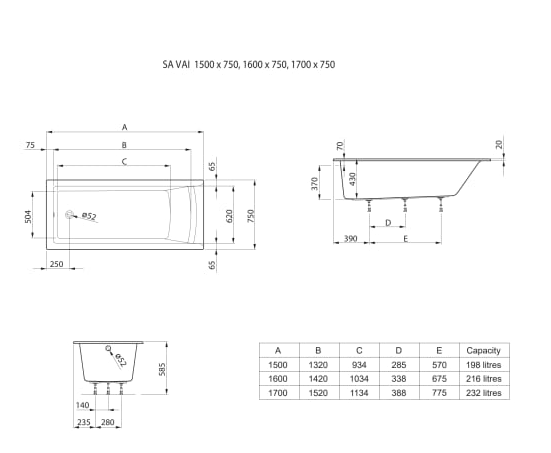 Roca SAVAI Prostokątna wanna akrylowa SLIM RIM 160 x 75 cm. A248588000  rys. BudoHurt.com Łódź.png