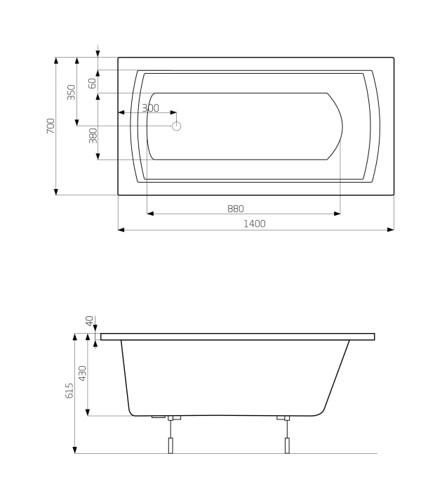 Roca LINEA Prostokątna wanna akrylowa 140 X 70 cm. A24T002000 rys. BudoHurt.com Łódź.png