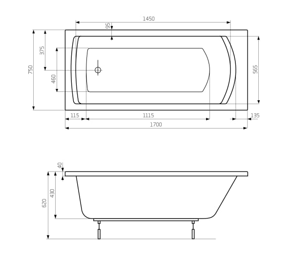 Roca LINEA Prostokątna wanna akrylowa 170 x 75 cm. A24T042000 rys. BudoHurt.com Łódź.png