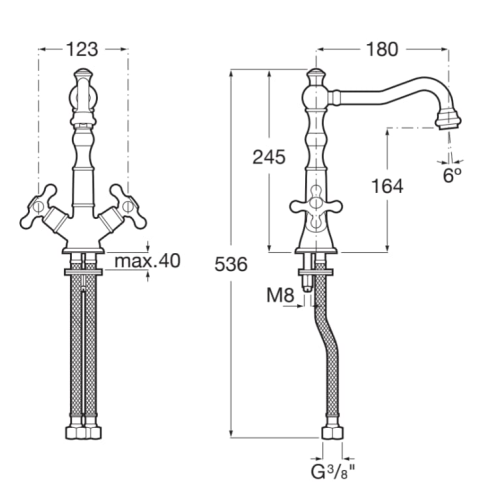 Roca CARMEN bateria umywalkowa z korkiem Click-Clack. A5A384BC00 rys. BudoHurt.com Łódź.png