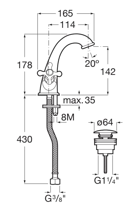 Roca CARMEN bateria umywalkowa z korkiem Click-Clack. A5A3A4BC00 rys. BudoHurt.com Łódź.png