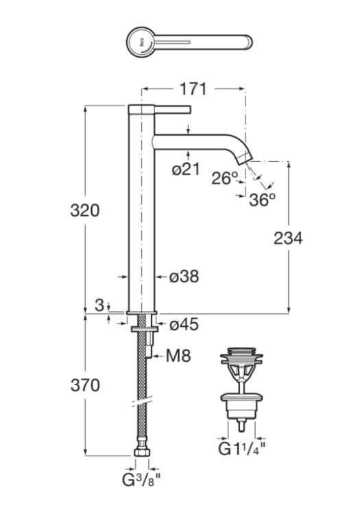 Roca ONA Bateria umywalkowa jednouchwytowa wysoka Cold Start z korkiem click-clack, chrom. A5A349EC00 rys.  BudoHurt.com Łódź.png