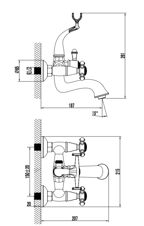 Omnires RETRO bateria wannowa z zestawem prysznicowym brąz antyczny. RE7231BR  rys. BudoHurt.com Łódź.png