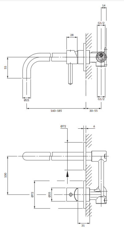 Omnires Y bateria umywalkowa podtynkowa  złoto szczotkowane. Y1215HGLB rys. BudoHurt.com Łódź.png