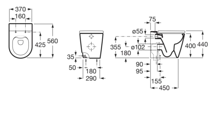 ROCA Inspira Round Miska WC stojąca Rimless 56 x 37 x 44 cm. A347526000  rys. BudoHurt.com Łódź.png