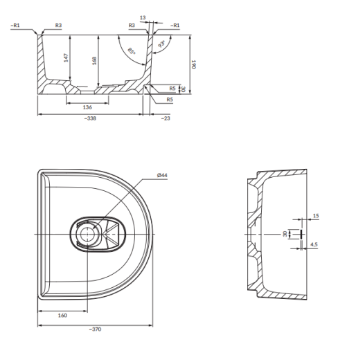 Omnires CADENCE umywalka nablatowa Marble+, 42 x 37 x 19 cm biały połysk. CADENCE420BP rys. BudoHurt.com Łódź.png