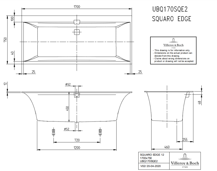 VILLEROY & BOCH  Squaro Edge 12 Wanna prostokątna, 1700 x 750 mm, Weiss Alpin.  UBQ170SQE2DV-01 BudoHurt.com Łódź.png