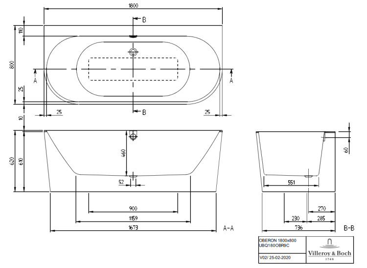 VILLEROY & BOCH  Oberon 2.0 Wanna przyścienna, 1800 x 800 mm, Weiss Alpin. UBQ180OBR9CD00V-01   BudoHurt.com Łódź.png