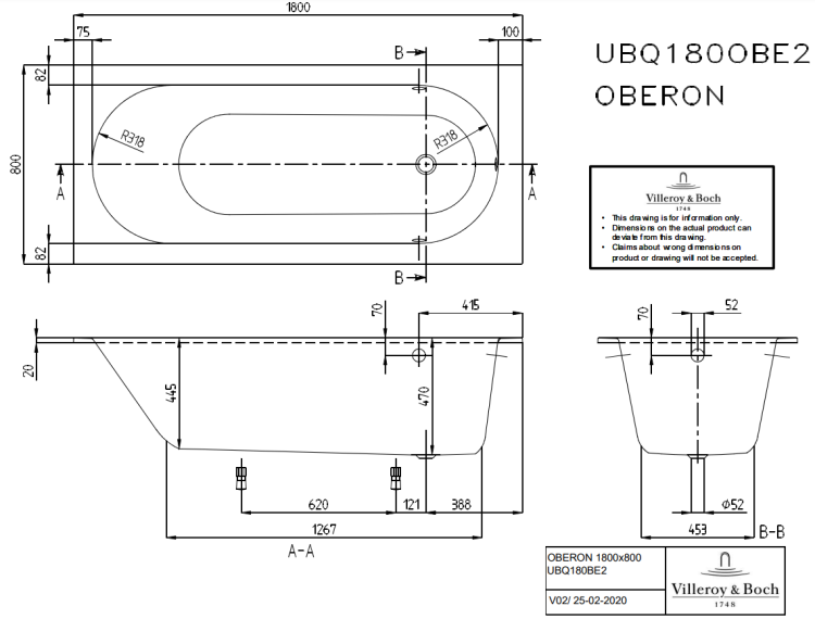 VILLEROY & BOCH  Oberon Wanna prostokątna, 1800 x 800 mm, Weiss Alpin.  UBQ180OBE2V-01 rys. BudoHurt.com Łódź.png