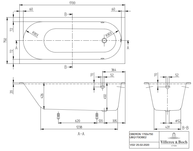 VILLEROY & BOCH  Oberon Wanna prostokątna, 1700 x 750 mm, Weiss Alpin. UBQ170OBE2V01 BudoHurt.com Łódź.png