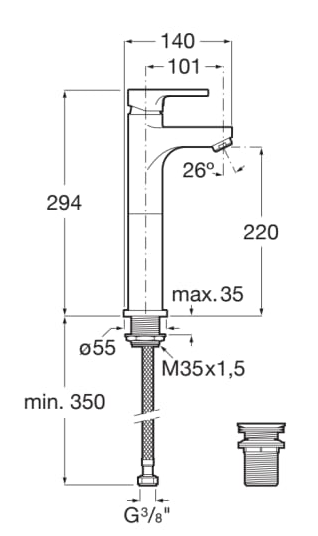 Roca AROLA Bateria umywalkowa wysoka. A5A3B6AC0K wymiary BudoHurt.com Łódź.png