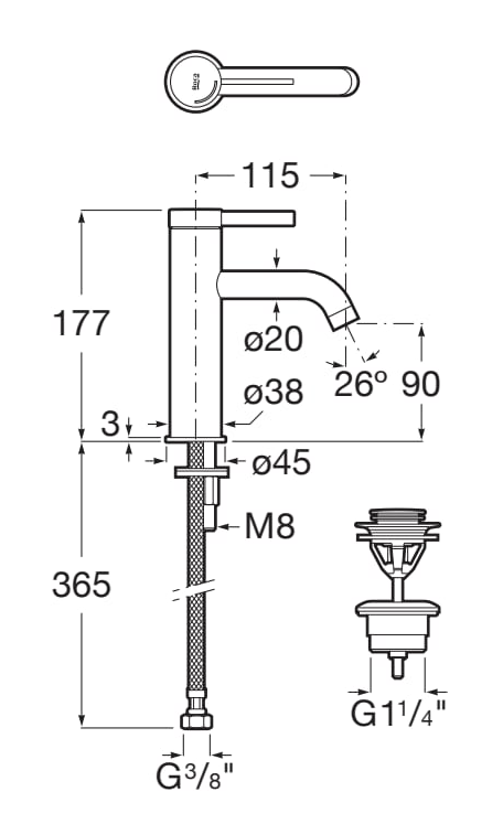 Roca ONA Bateria umywalkowa Cold Start z korkiem click-clack, TITANIUM BLACK EVERLUX-PVD.  A5A3A9ECN0 wymiary BudoHurt.com Łódź.png