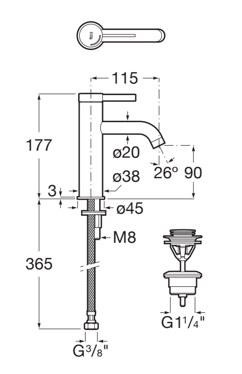 Roca ONA Bateria umywalkowa Cold Start z korkiem klik Everlux ROSE GOLD.  A5A3A9ERG0 rys. BudoHurt.com Łódź.png