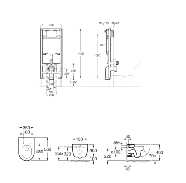 Roca MERIDIAN  Zestaw podtynkowy DUPLO ONE + miska WC podwieszana MERIDIAN RIMLESS z deską SLIM. A893104520 rys. BudoHurt.com Łódź.png