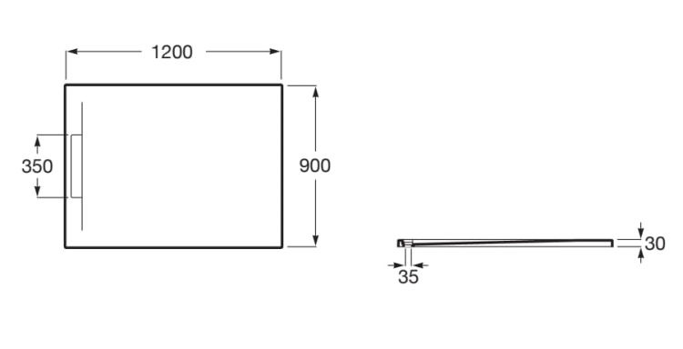 Roca PYROS Brodzik kompozytowy STONEX® 120 x 90 cm z ukrytym odpływem BIAŁY. AP9014B038401100  rys. BudoHurt.com Łódź.png