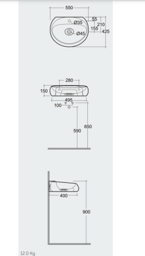 RAK Ceramics Cloud Umywalka podwieszana & nablatowa 55x42 cm z otworem na baterię CZARNY MAT. CLOWB5501504A  rys. BudoHurt.com Łódź.png