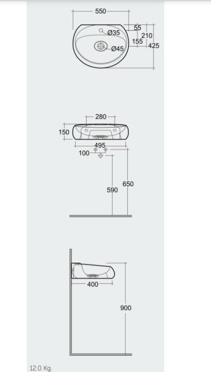 RAK Ceramics Cloud Umywalka podwieszana & nablatowa 55x42 cm z otworem na baterię CZARNY MAT. CLOWB5501504A  rys. BudoHurt.com Łódź.png