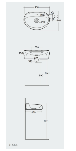 RAK Ceramics Cloud Umywalka podwieszana & nablatowa 65x44 cm z otworem na baterię CZARNY MAT. CLOWB6501504A rys. BudoHurt.com Łódź.png