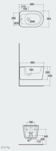 RAK Ceramics VALET bidet podwieszany Rimless  56x36,3 cm biały mat. VALBD2101500A   rys. BudoHurt.com Łódź.jpg