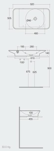 RAK Ceramics VALET Umywalka podwieszana & nablatowa 92x50,5 cm blat L biały połysk. VALWB09300AWHA  rys. BudoHurt.com Łódź.jpg