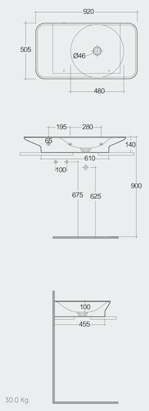 RAK Ceramics VALET Umywalka podwieszana & nablatowa 92x50,5 cm blat L biały połysk. VALWB09300AWHA  rys. BudoHurt.com Łódź.jpg