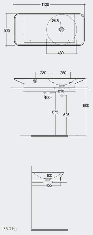 RAK Ceramics VALET Umywalka podwieszana & nablatowa 112x50,5 cm blat L biały połysk. VALWB11300AWHA  rys. BudoHurt.com Łódź.jpg