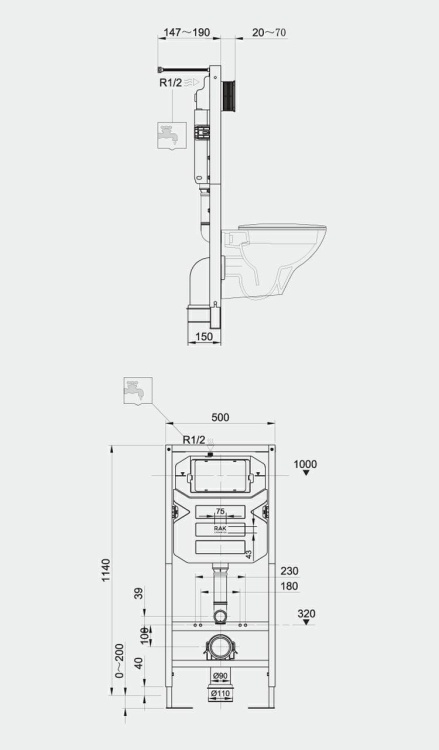 RAK Ceramics Ecofix Stelaż podtynkowy 12 cm do miski WC podwieszanej. FS04RAK12A rys. BudoHurt.com Łódź.jpg