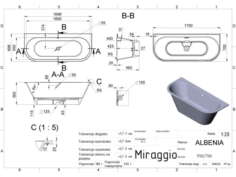 Miraggio ALBENIA wanna przyścienna 170x70 cm. 0000595 rys. BudoHurt.com Łódź.jpg