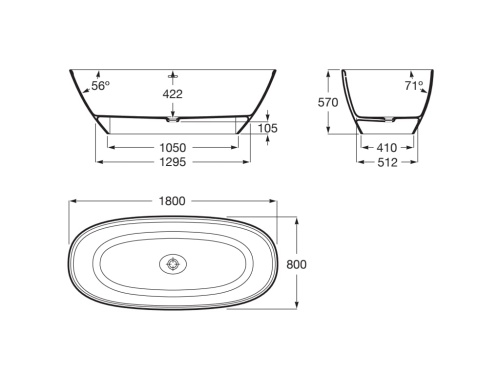 Roca ARIANE Owalna wanna kompozytowa wolnostojąca Stonex ® 180x80 cm. A248669000  rys. wymiary BudoHurt.com Łódź.jpg