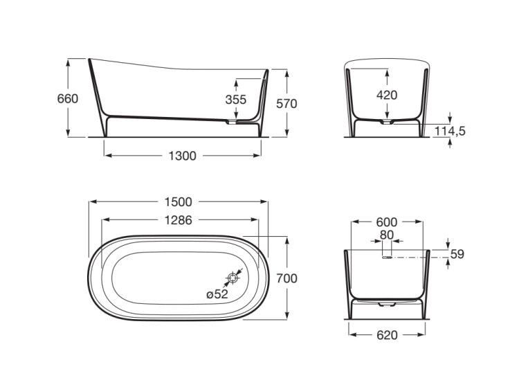 Roca MAUI Round wanna 150x70 wolnostojąca Stonex®.  A248499000 rys. BudoHurt.com Łódź.jpg