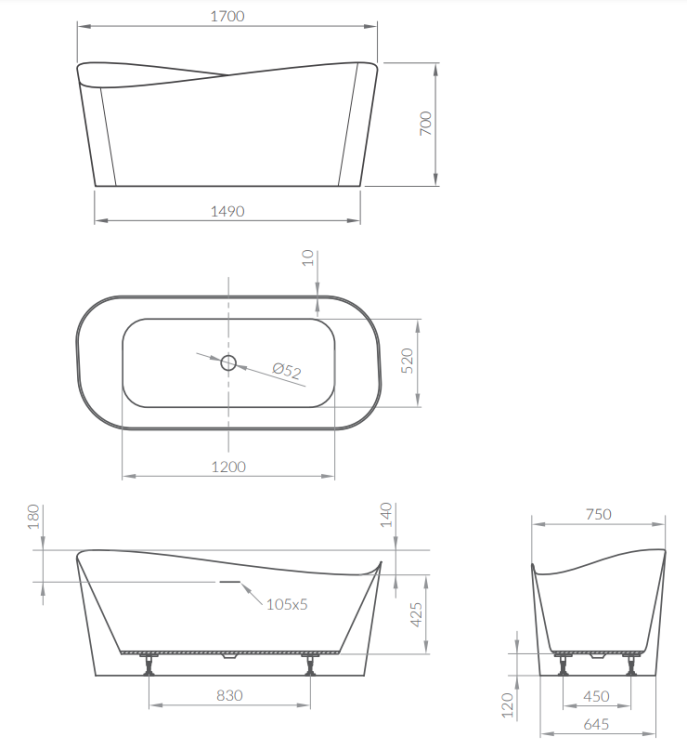 Meissen Keramik Wanna wolnostojąca KONTRA 170x75, prostokątna. S301-358 rys. tech..png