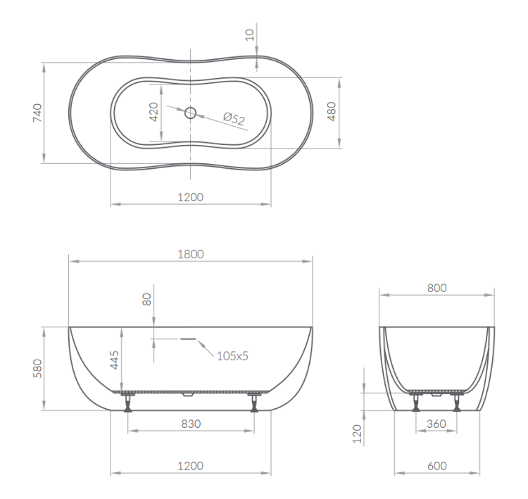 Meissen Keramik Wanna wolnostojąca KONTRA 180x80, owalna. S301-359 rys. tech.png
